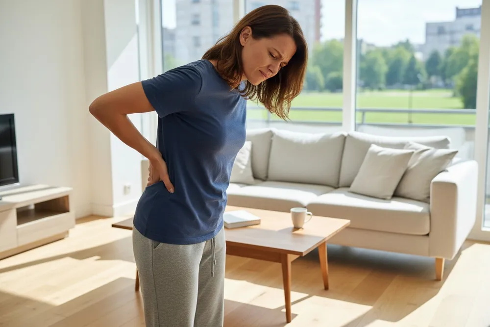 Vrouw in een woonkamer die met een pijnlijk gezicht haar onderrug vasthoudt